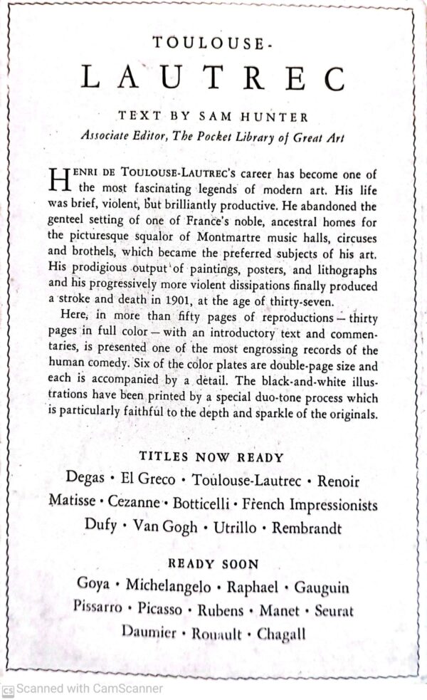 כריכה לספר למכירה: "Toulouse-Lautrec" מאת סאם האנטר. ספרים נוספים למכירה כוללים: Degas, El Greco, Toulouse-Lautrec, Renoir, Matisse, Cezanne, Botticelli, French Impressionists, Dufy, Van Gogh, Utrillo, Rembrandt. בהמשך יפורסמו למכירה ספרים של: Goya, Michelangelo, Raphael, Gauguin, Pissarro, Picasso, Rubens, Manet, Seurat, Daumier, Rouault, Chagall.